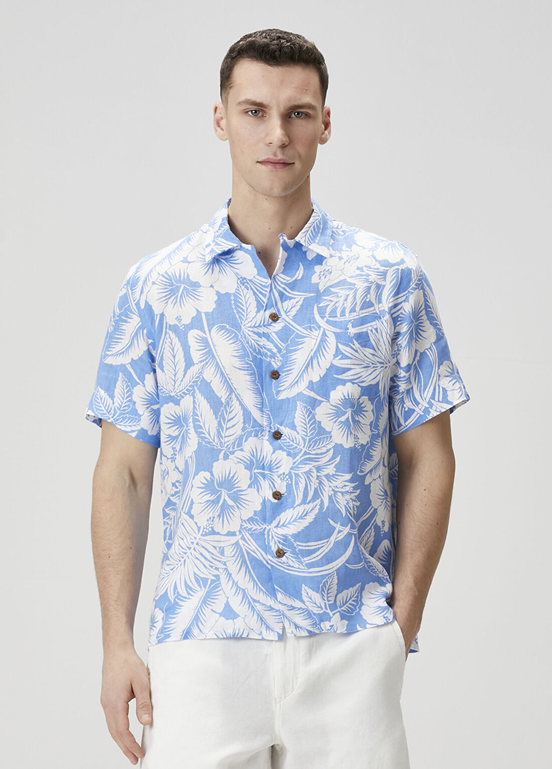 Polo Ralph Lauren Mavi Çiçek Desenli Kısa Kollu Keten Gömlek