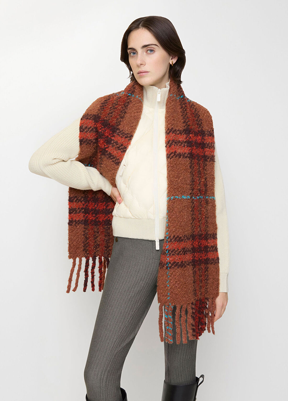 Burberry Check Boucle Turuncu Alpaka Yün Kadın Atkı görsel 4