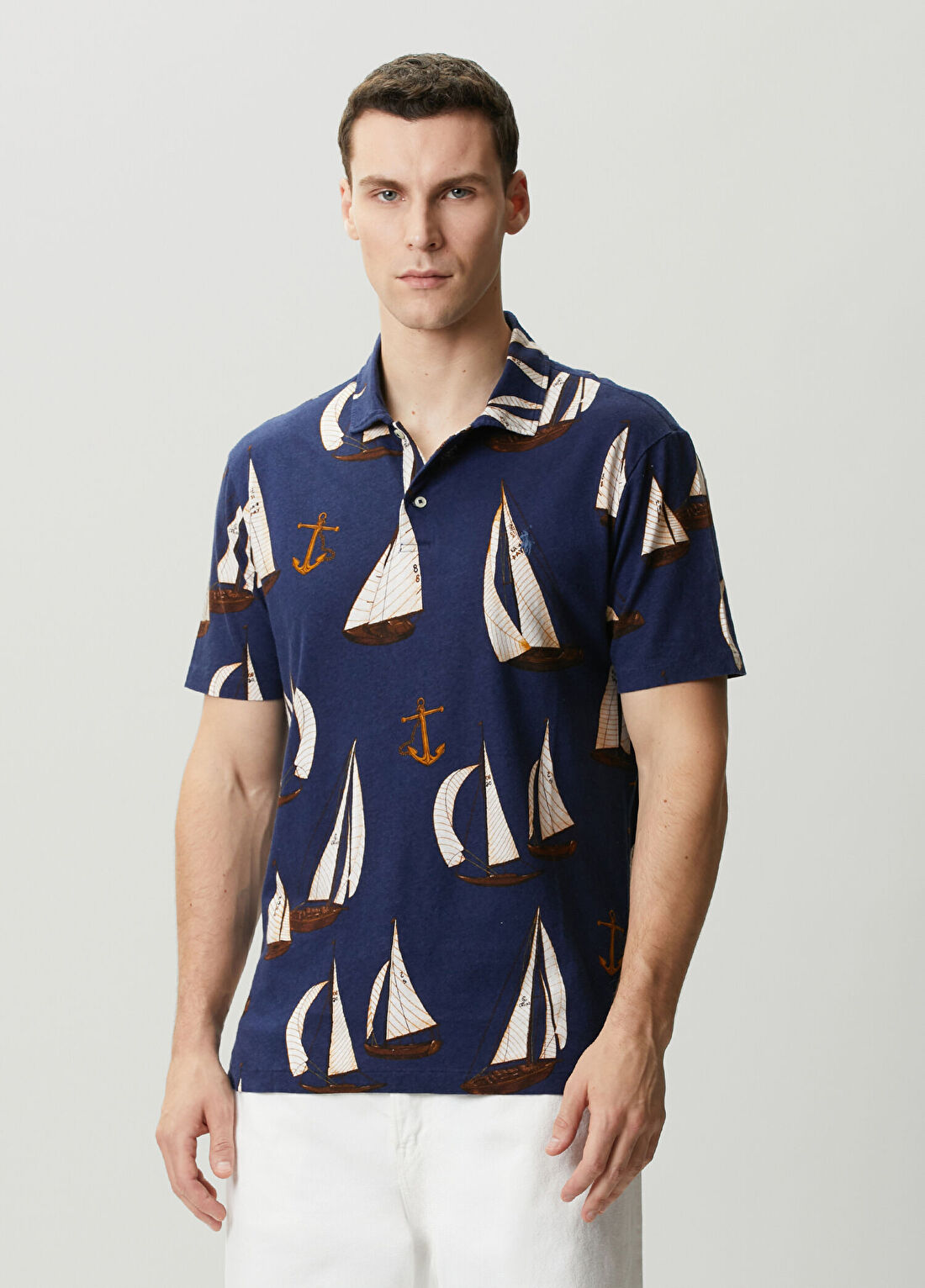 Polo Ralph Lauren Regular Fit Mavi Polo Yaka Desenli Keten T-shirt