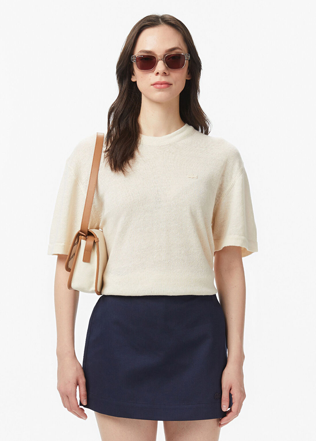 Lacoste Bej Keten Relaxed Fit Truvakar Kollu Bisiklet Yaka Kadın Triko Kazak
