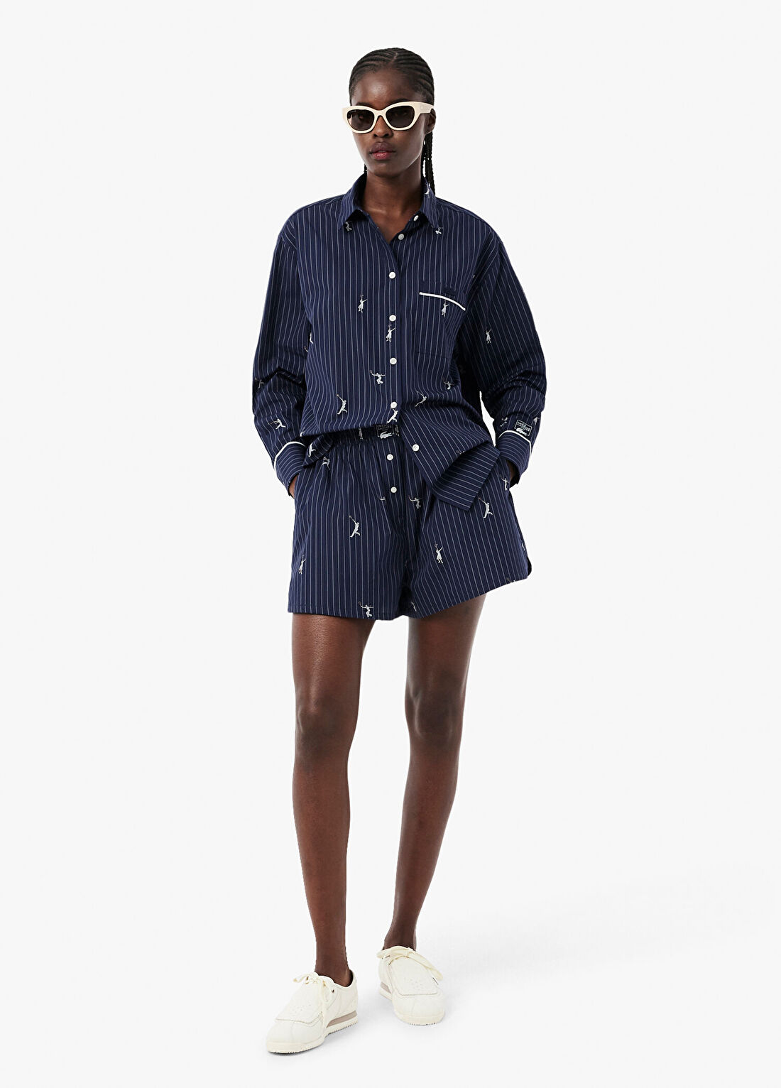 Lacoste Lacivert Çizgili Pamuklu Oversize Fit Kadın Şort
