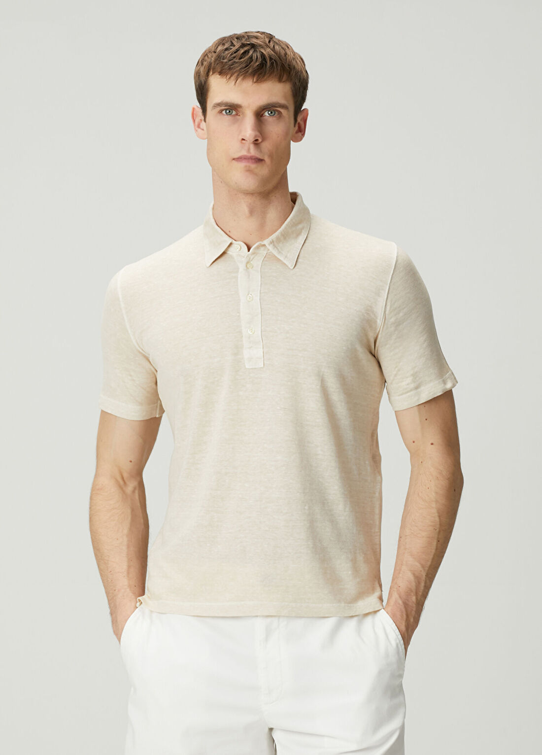 120% Lino Ekru Polo Yaka Keten T-shirt