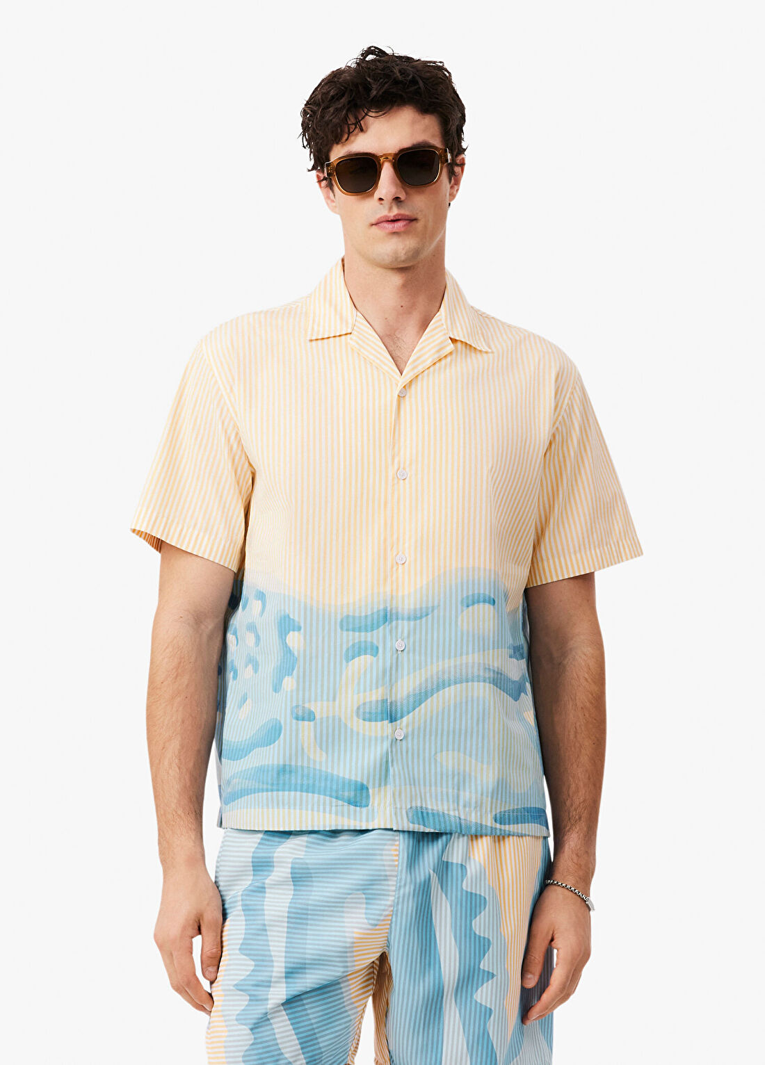 Lacoste Bej Çizgili Relaxed Fit Kısa Kollu Erkek Gömlek
