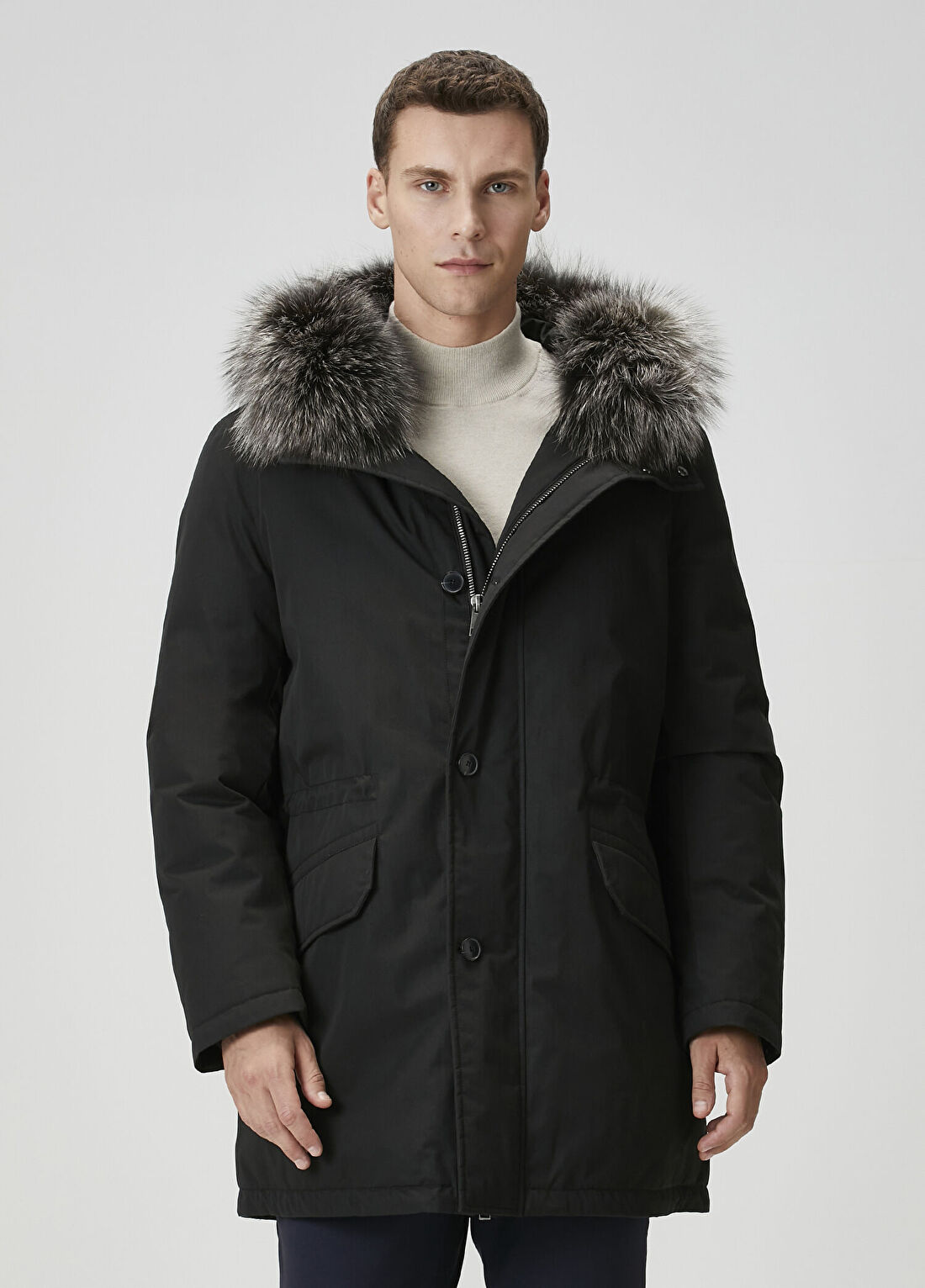 Yves Salomon Siyah Kapüşonlu Parka