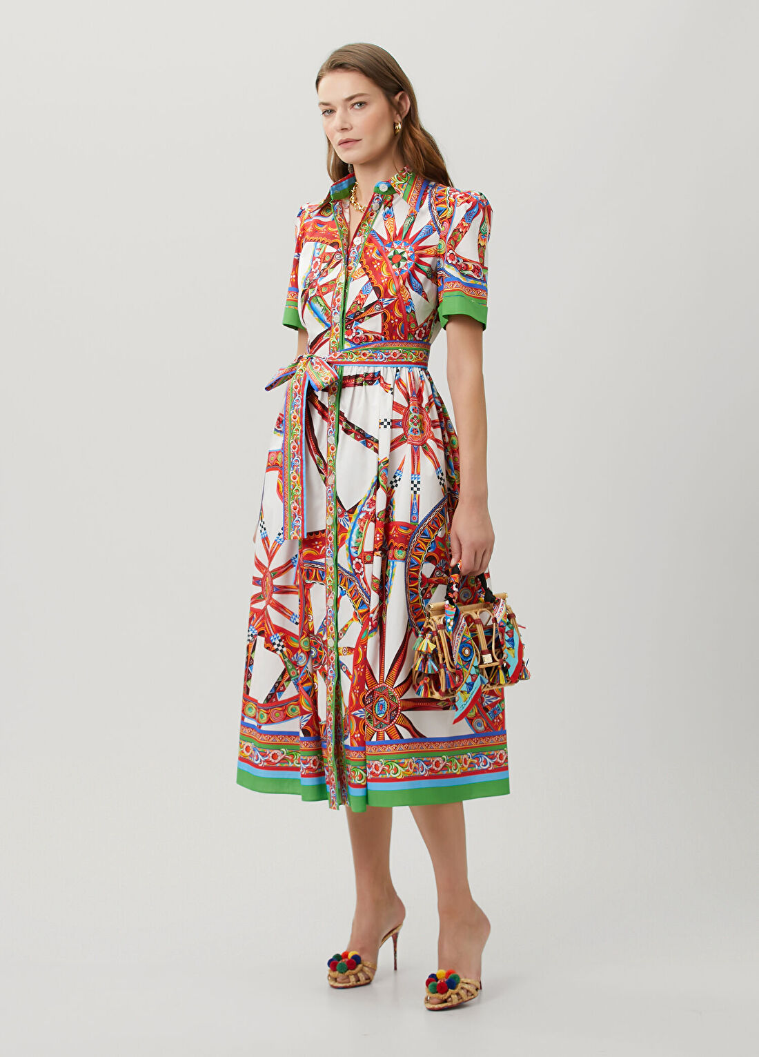 Dolce&Gabbana Kırmızı Beyaz Desenli Midi Gömlek Elbise