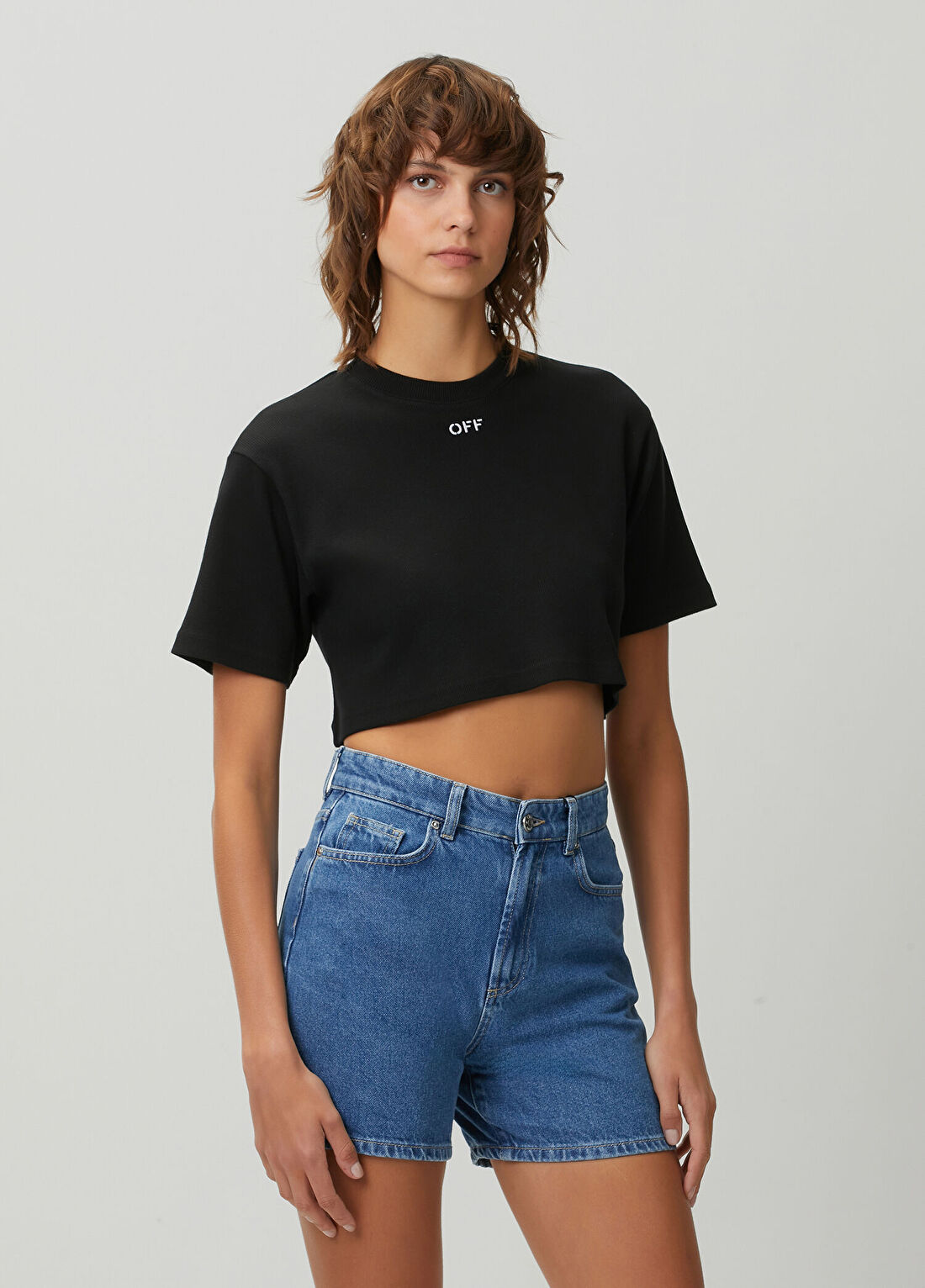 Off-White Siyah Logolu Crop T-shirt