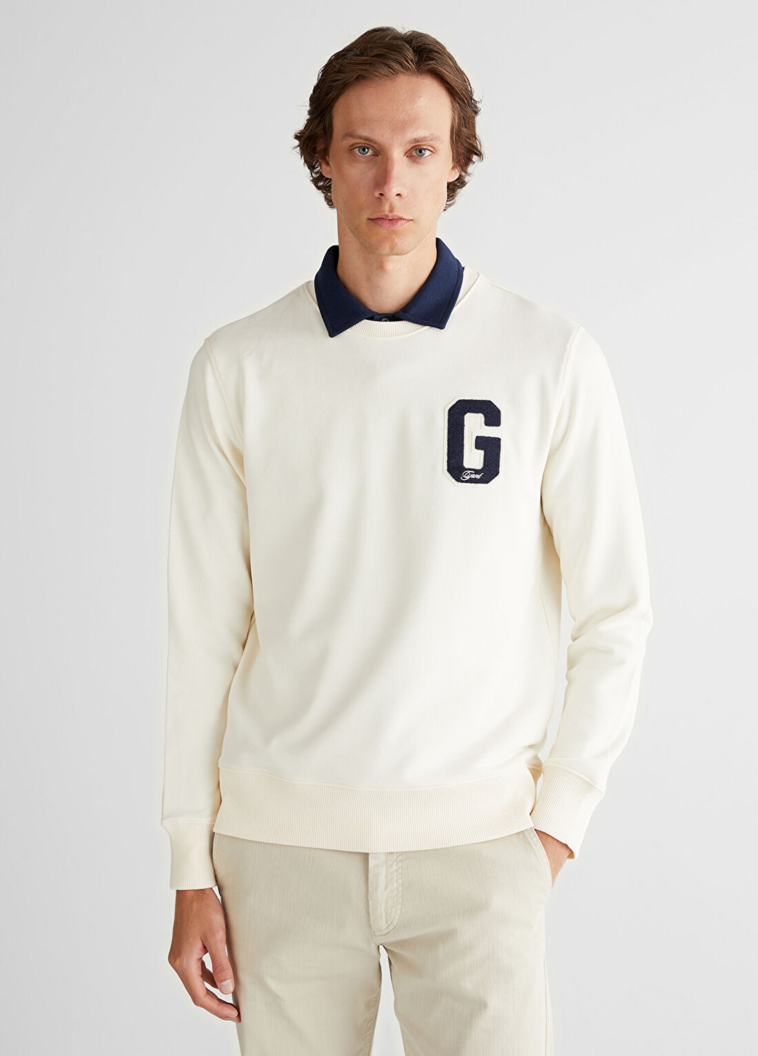 Gant Krem Logolu Regular Fit Bisiklet Yaka Erkek Sweatshirt