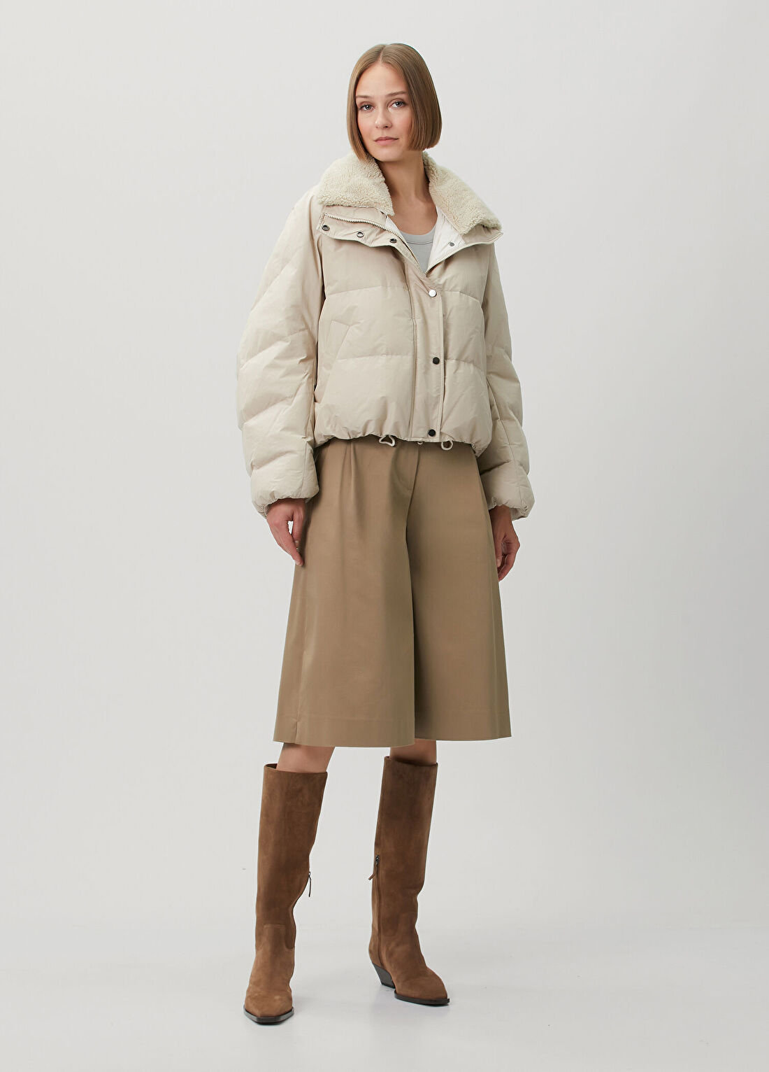 Brunello Cucinelli Ekru Shearling Yaka Puffer Mont görsel 2