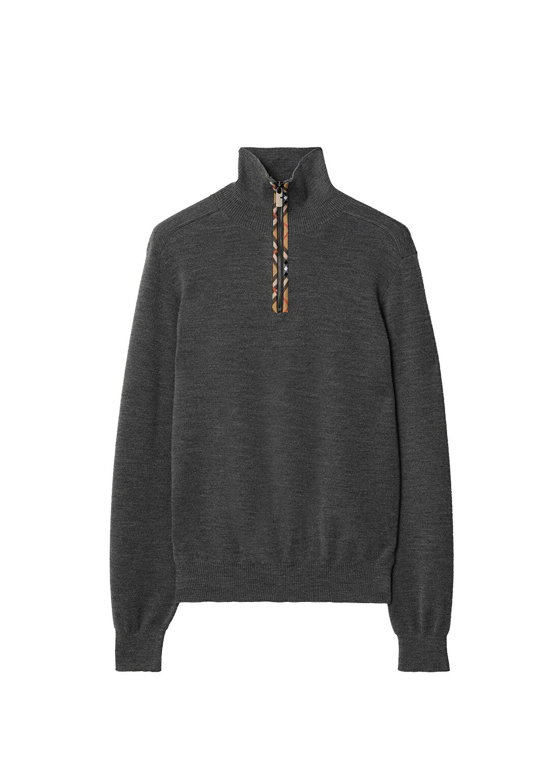 Burberry Check Trim Half-Zip Gri Yün Dik Yaka Yarım Fermuarlı Erkek Triko Kazak