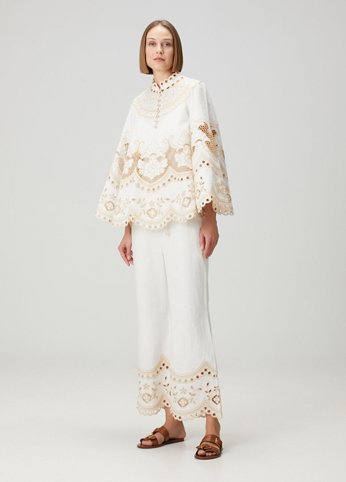 Zimmermann Ekru Nakışlı Keten Pantolon