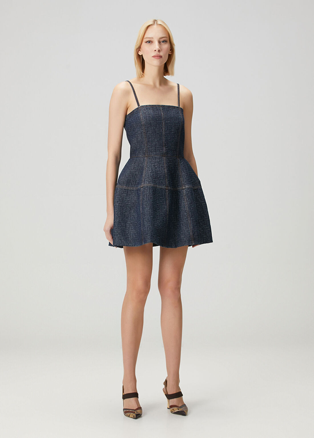Fendi Mavi Logo Motifli Mini Denim Elbise