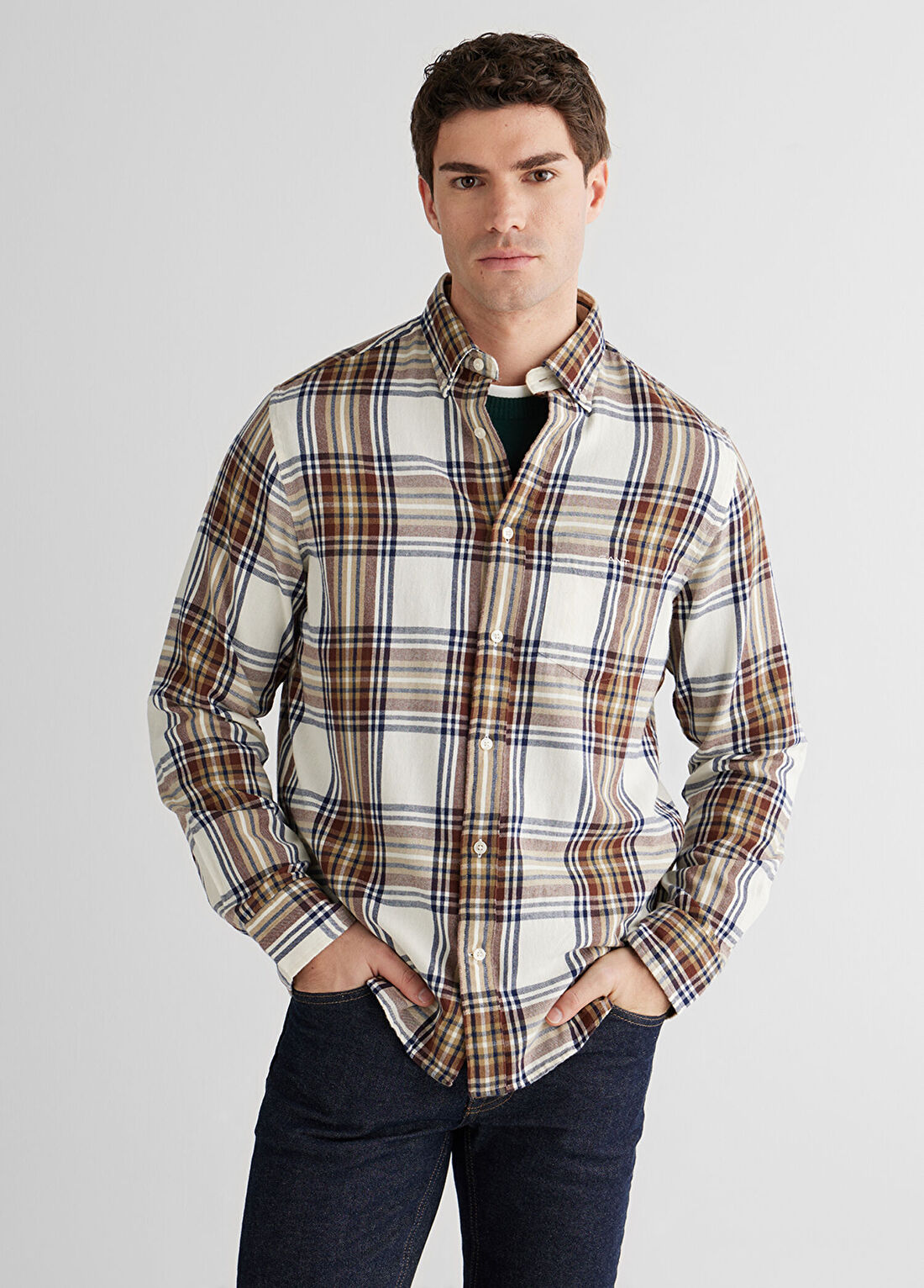 Gant Krem Rengi Regular Fit Düğmeli Uzun Kollu Erkek Gömlek