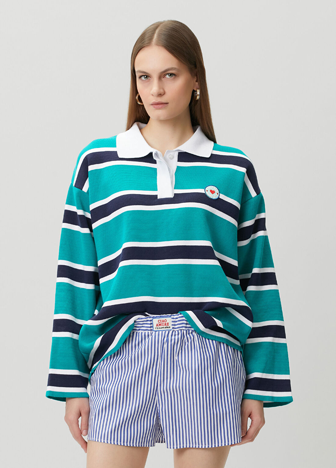 Giada Benincasa Lacivert Yeşil Çizgili Polo Sweatshirt