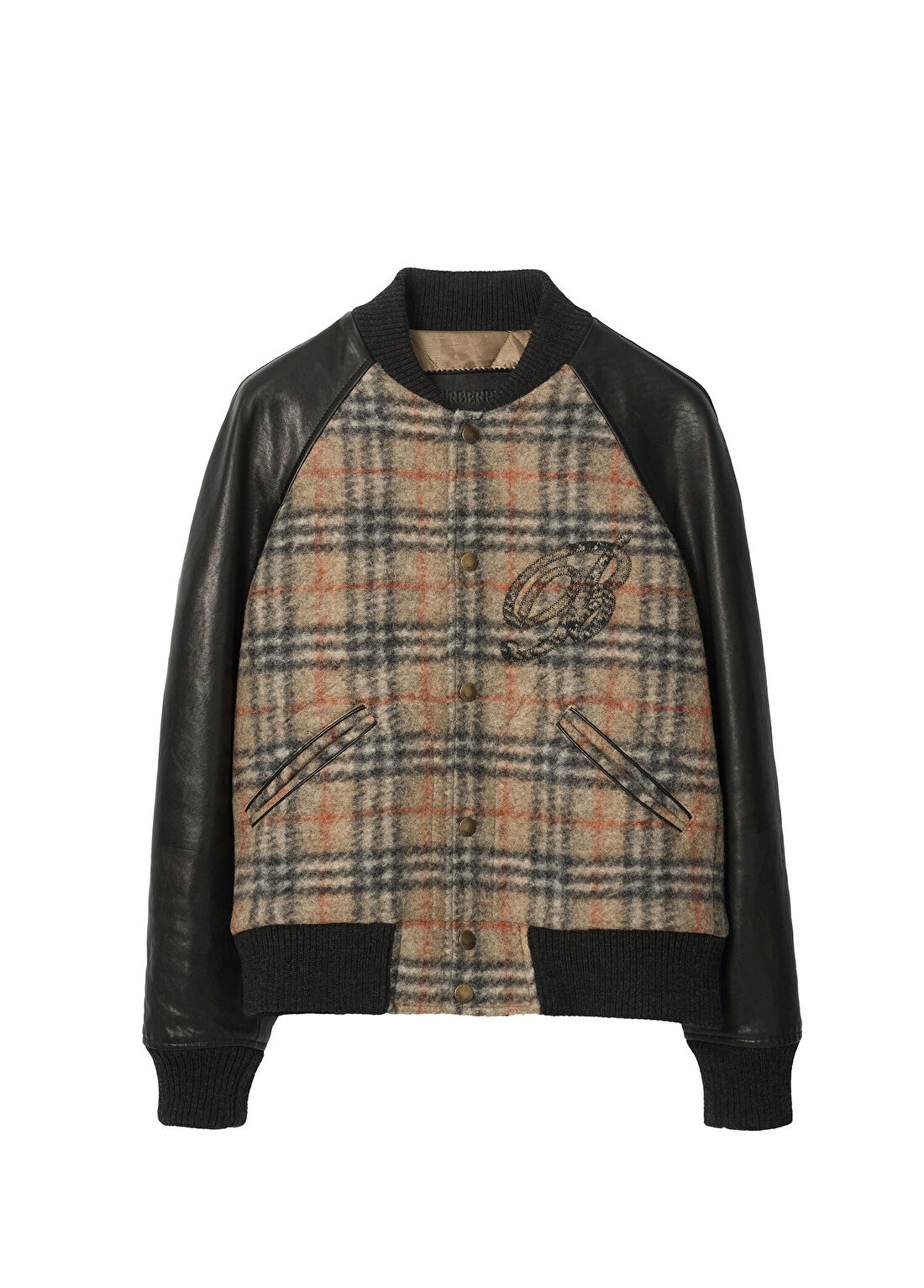 Burberry Check Yün ve Deri Bej Erkek Bomber Ceket