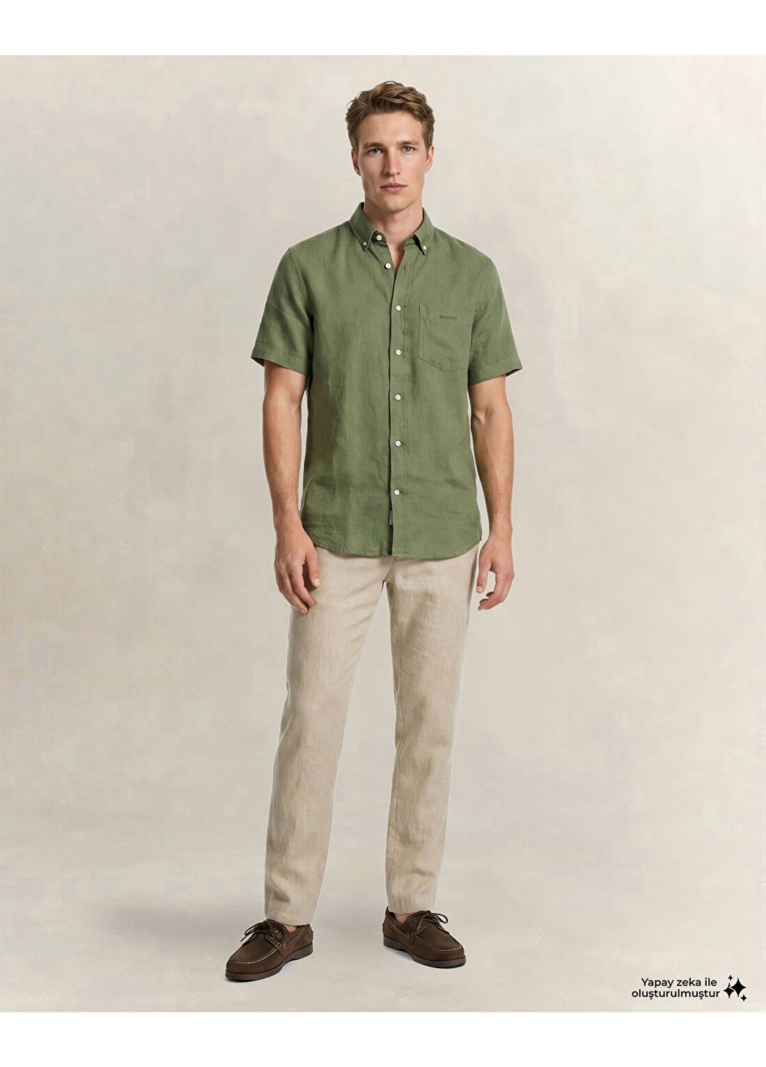 Gant Logolu Yeşil Düğmeli Yaka Regular Fit Kısa Kollu Erkek Gömlek görsel 3
