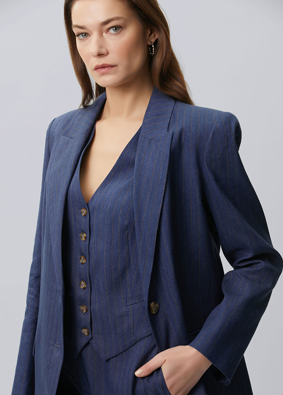 Beymen Collection Indigo Çizgili Keten Ceket görsel 2