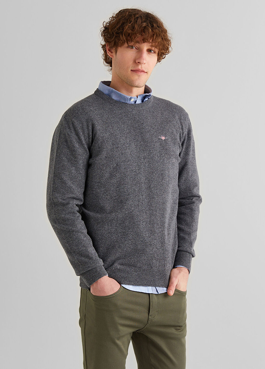 Gant Gri Yuvarlak Yaka Regular Fit Erkek Kazak