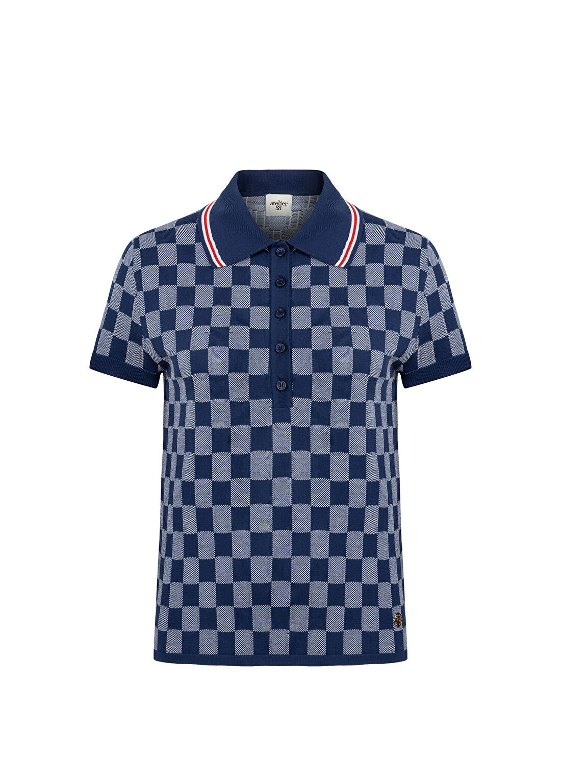 Atelier38 Friday Lacivert Kareli Polo Yaka Kısa Kollu Kadın T-shirt