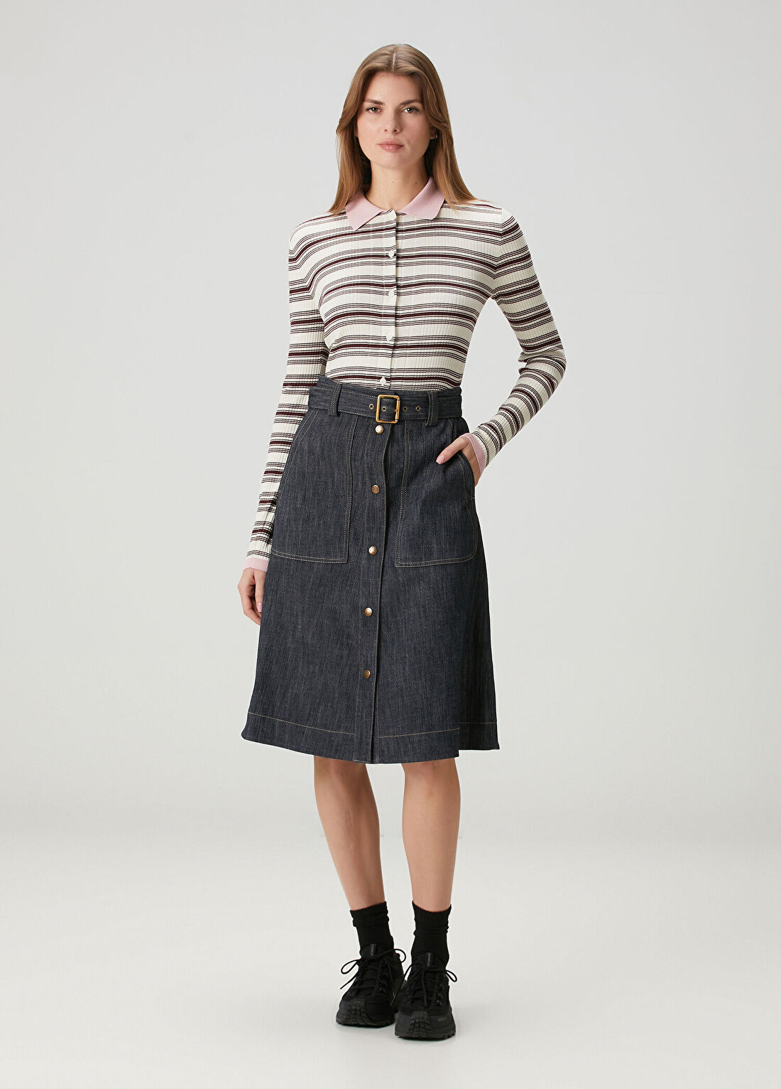 Moncler Koyu Mavi Midi Denim Etek