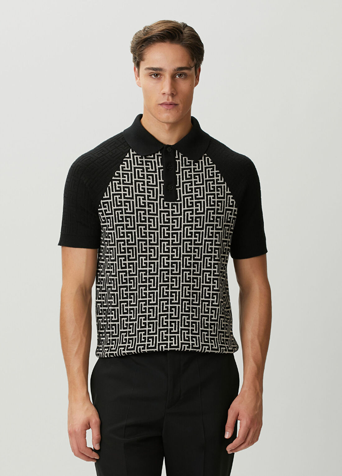 Balmain Siyah Beyaz Polo Yaka Jakarlı Kısa Kollu Triko