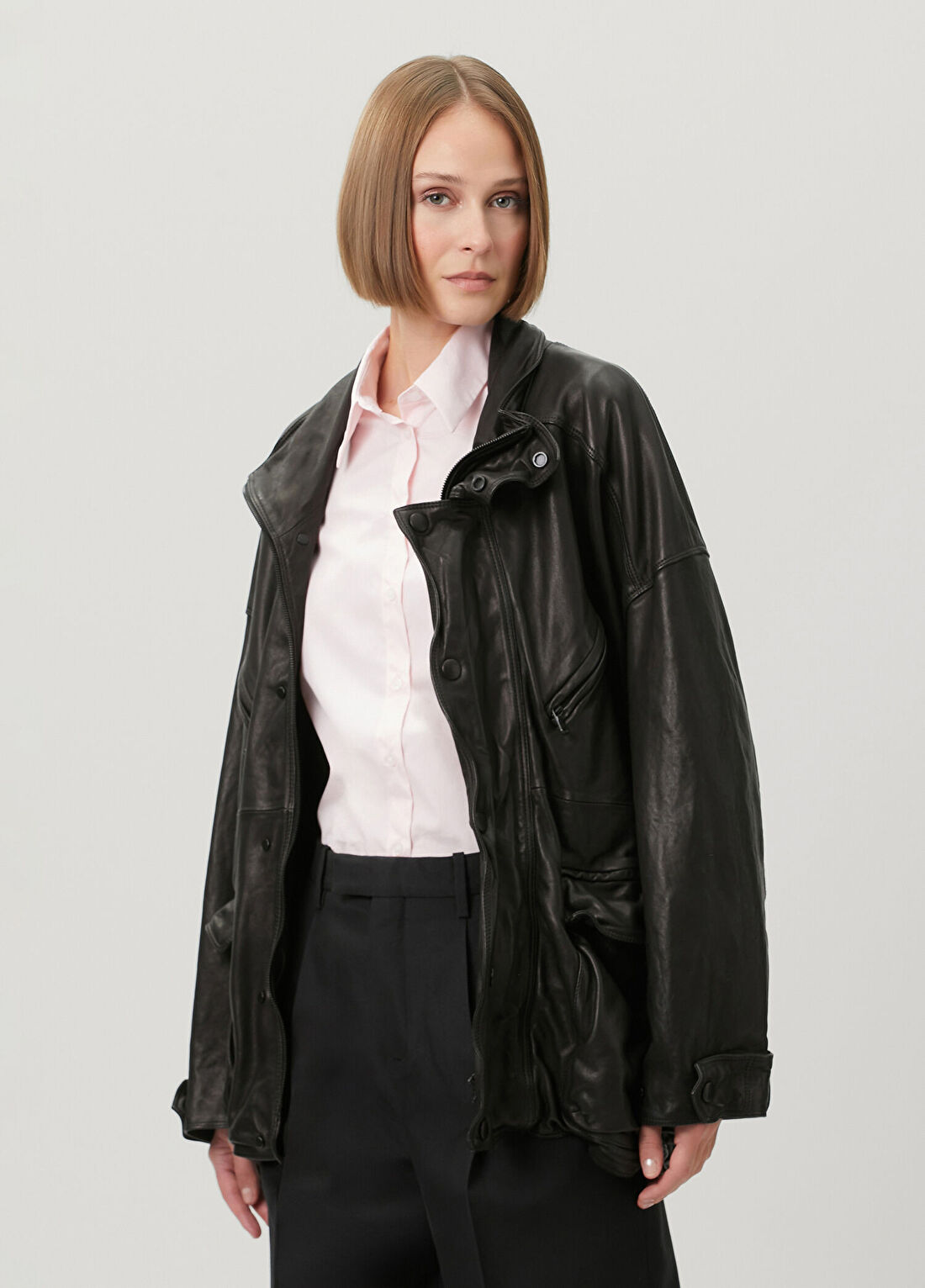 Nackiye Oversize Siyah Deri Ceket