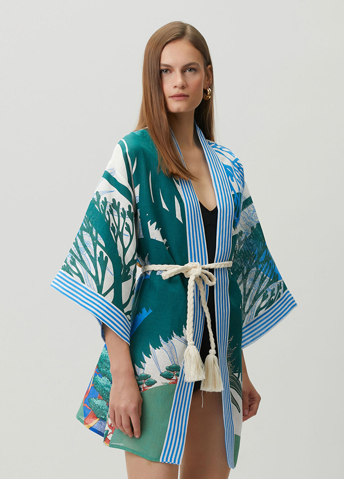 Jaquette Eva Demi Mavi Keten Kimono görsel 2