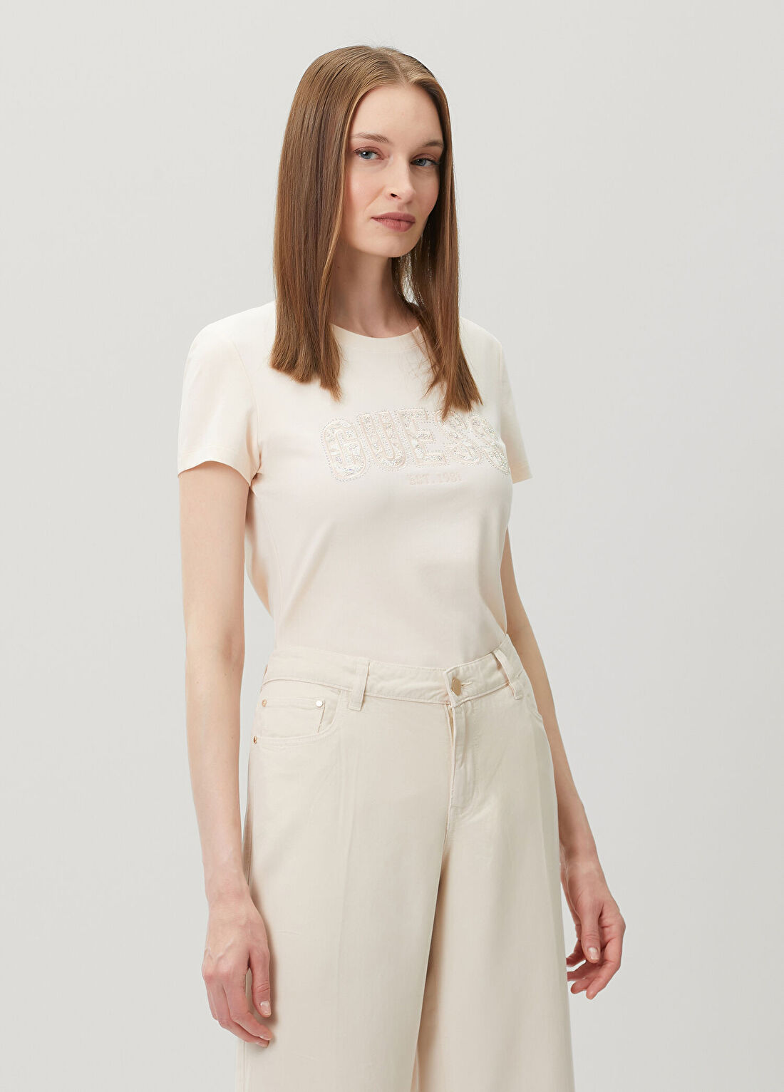 Guess Lace Slim Fit Ekru T-shirt