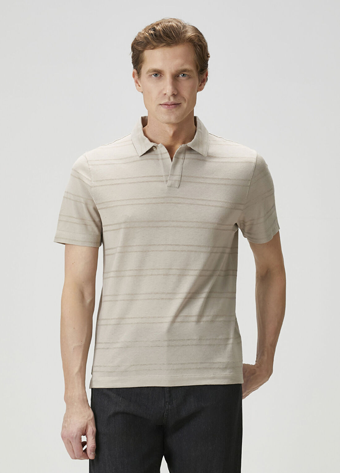 Canali Bej Polo Yaka Çizgili T-shirt