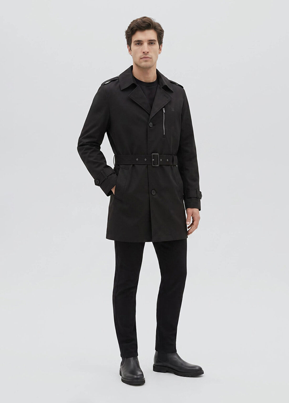 Network Slim Fit Siyah Mono Kapamalı Kuşaklı Pardösü görsel 3