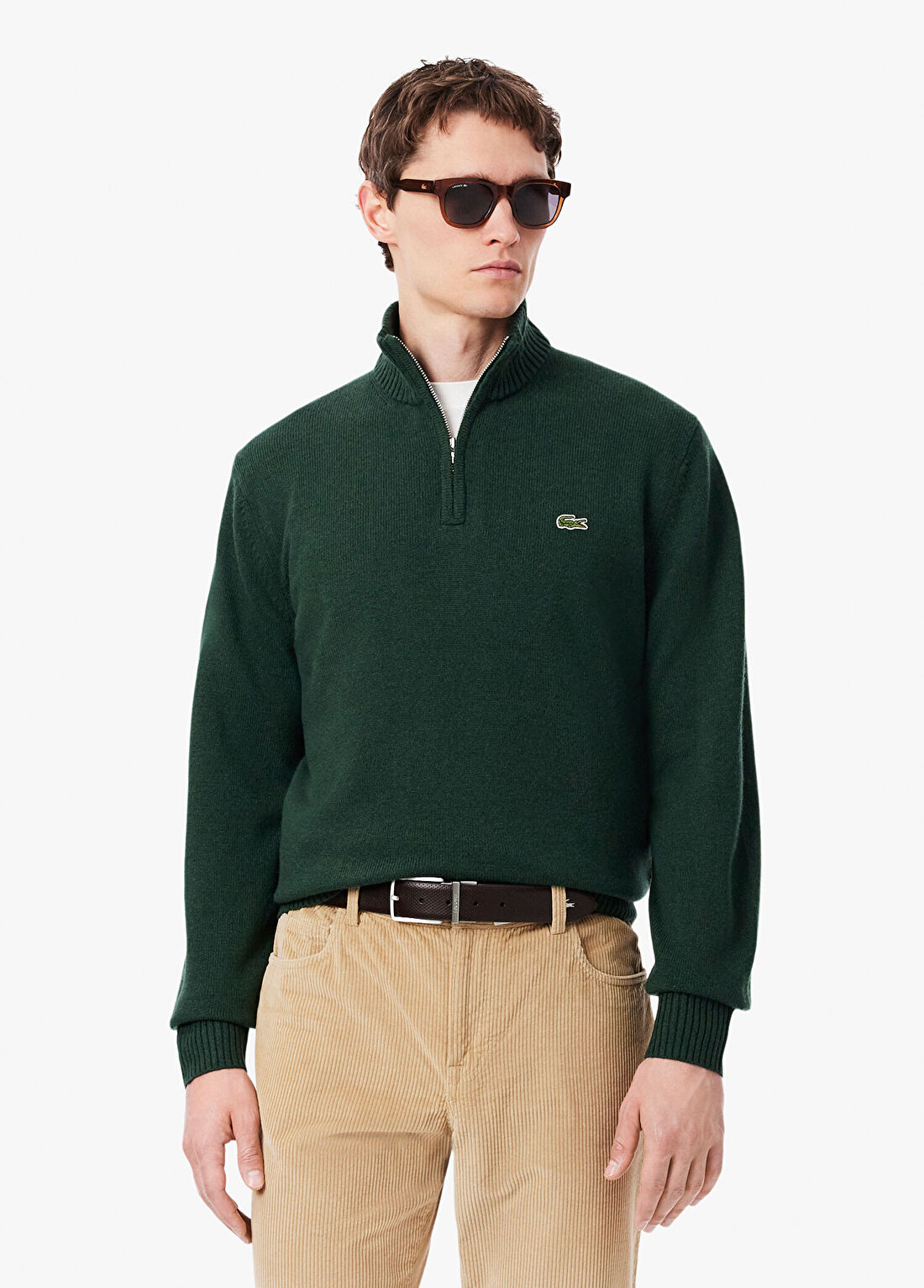 Lacoste Koyu Yeşil Yün Yarım Fermuarlı Classic Fit Erkek Kazak