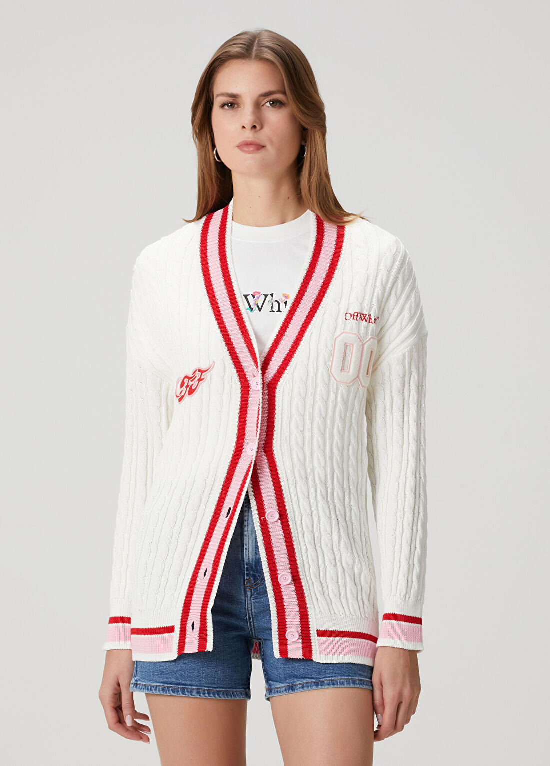 Off-White Beyaz Örgü Dokulu Hırka