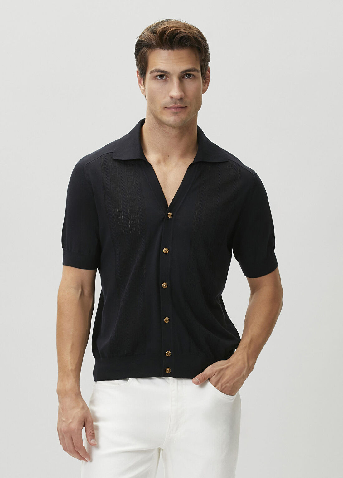 Versace Lacivert Jakarlı İpek Polo Triko
