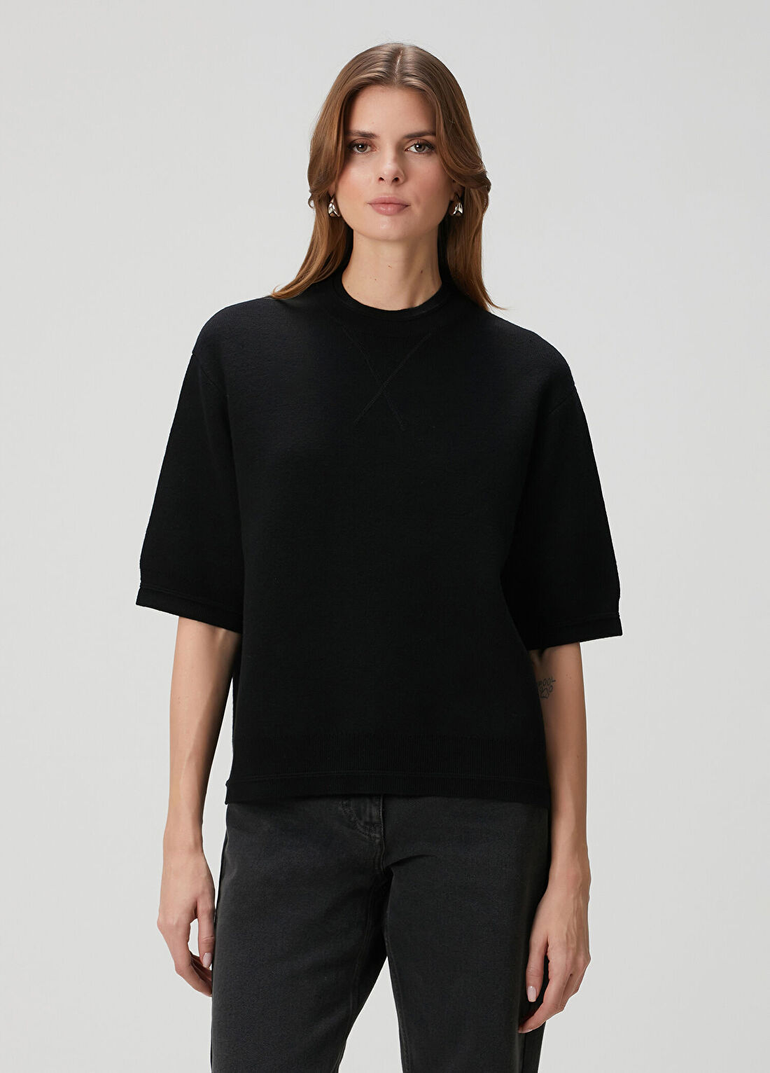 AllSaints Nika Siyah Kısa Kollu Yün Triko