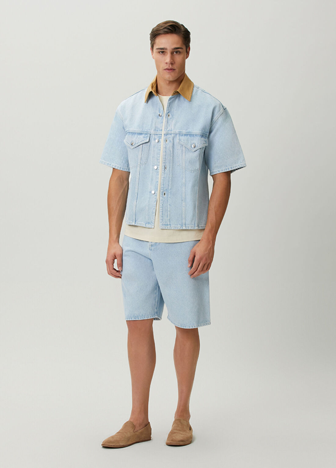 Nanushka Mydal Mavi Beli Kemerli Denim Bermuda