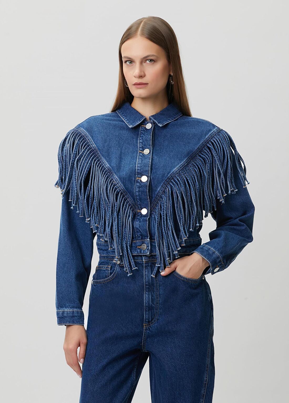 AllSaints Marlene Tassel Mavi Denim Ceket