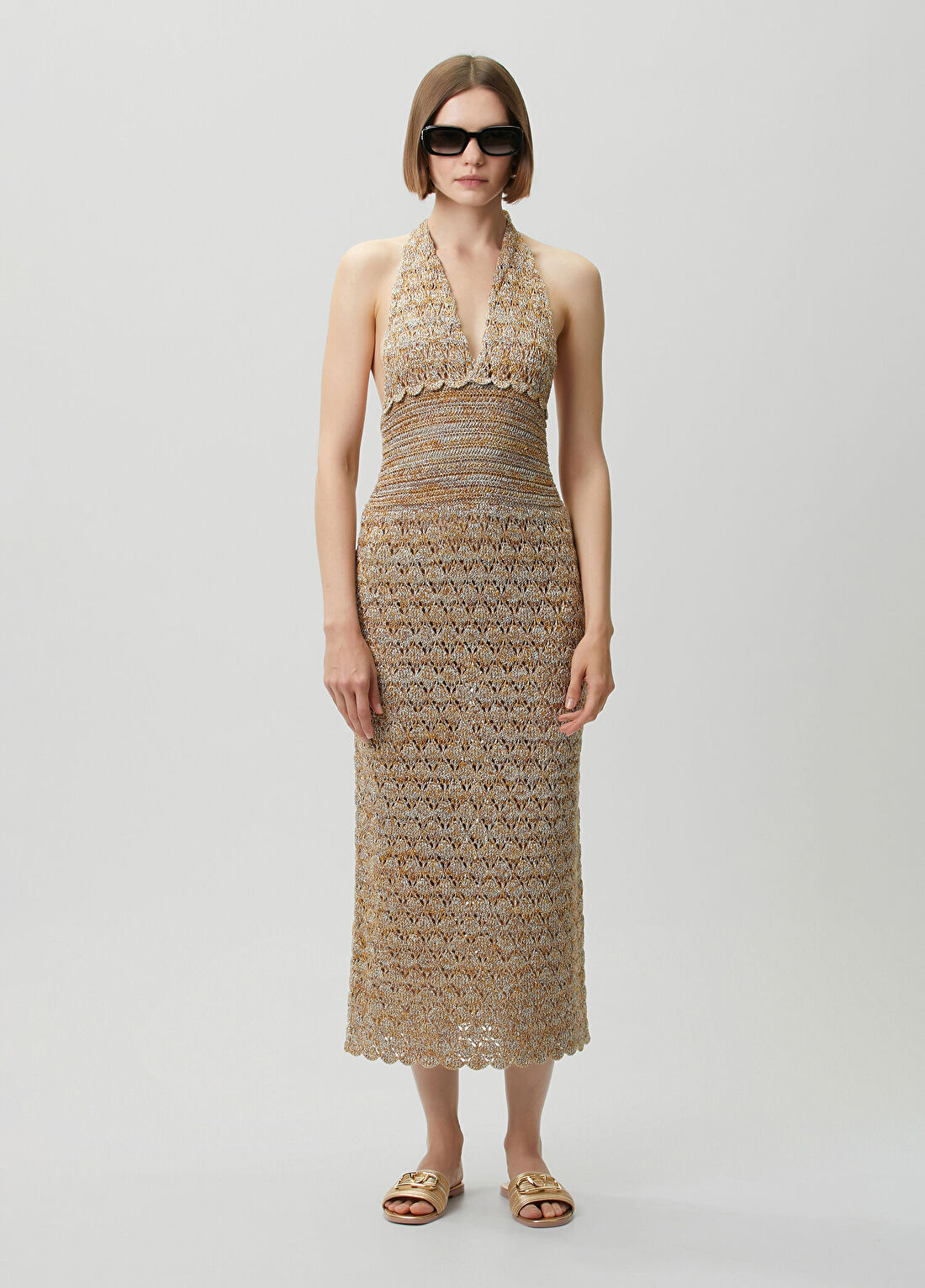 Valentino Bej Midi Keten Elbise
