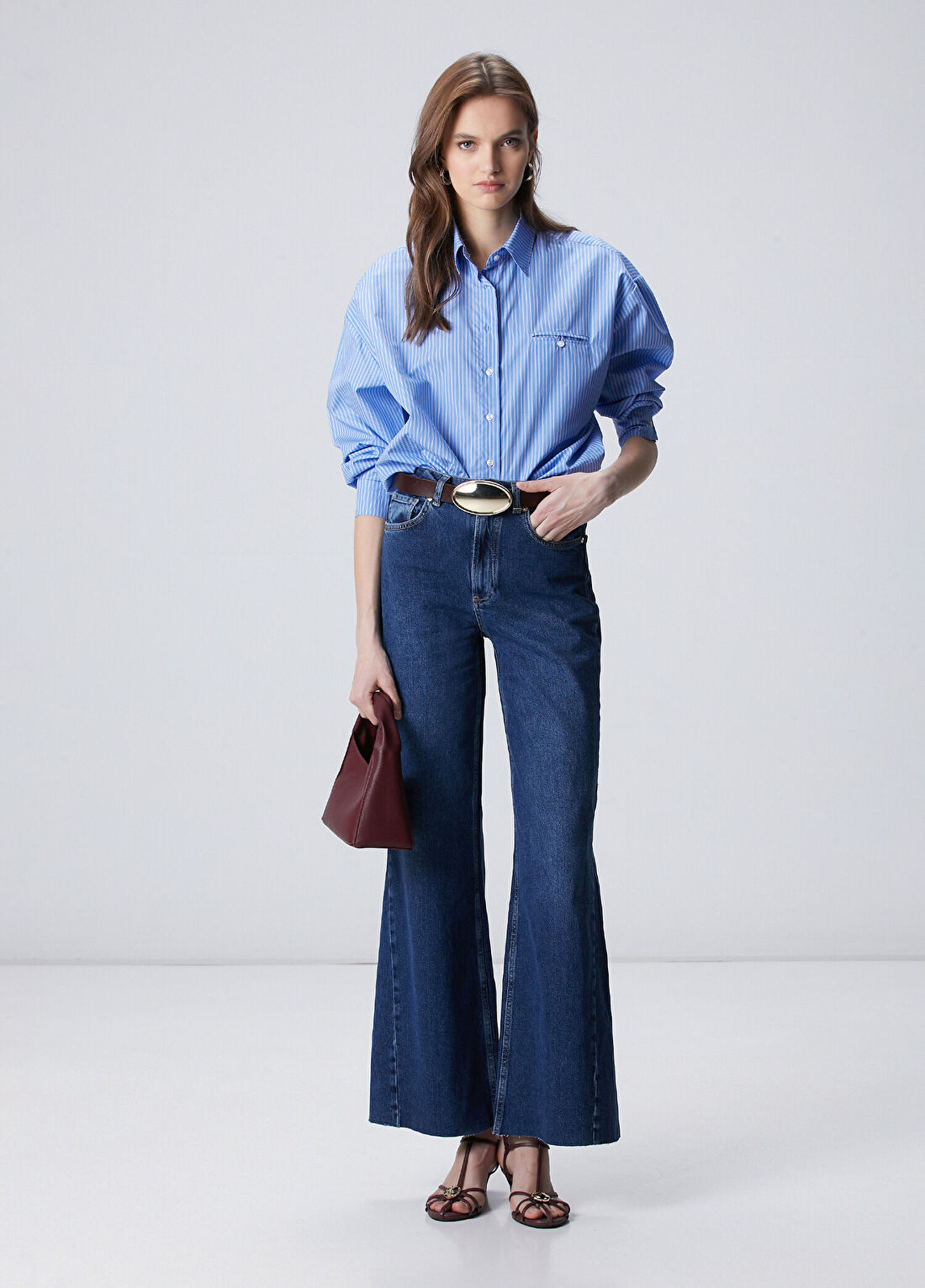 Network İndigo Geniş Paça Detaylı Denim Pantolon