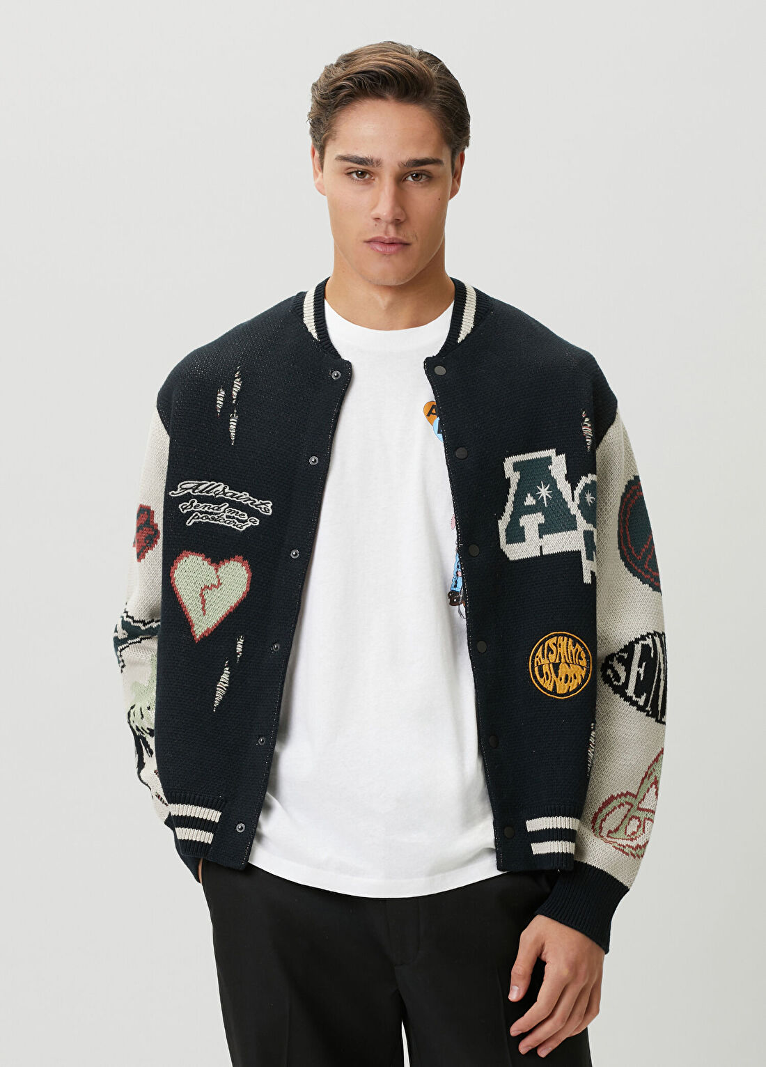 AllSaints Chase Siyah Beyaz Jakarlı Hırka görsel 2
