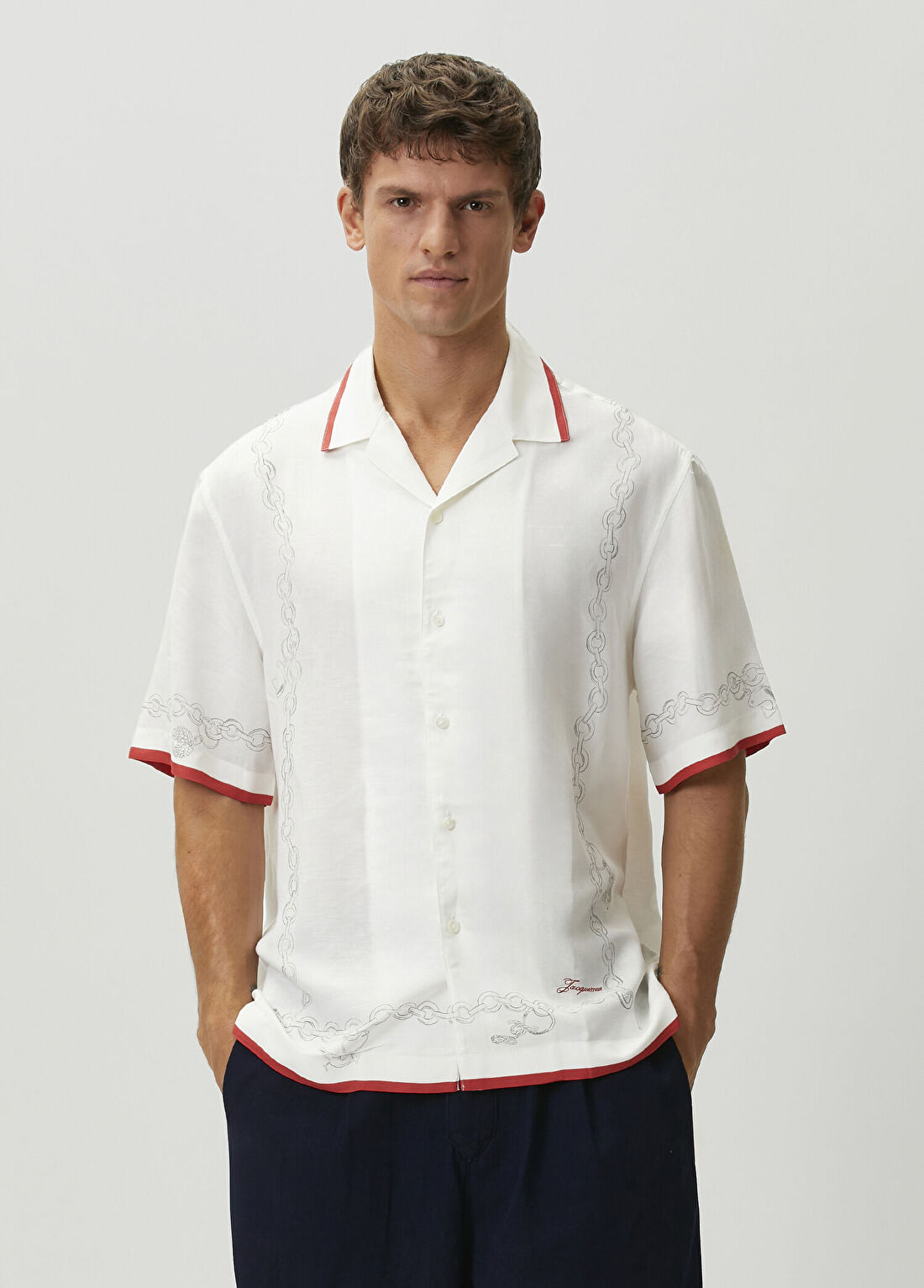 Jacquemus Kırmızı Beyaz Zincir Desenli Kısa Kollu Gömlek