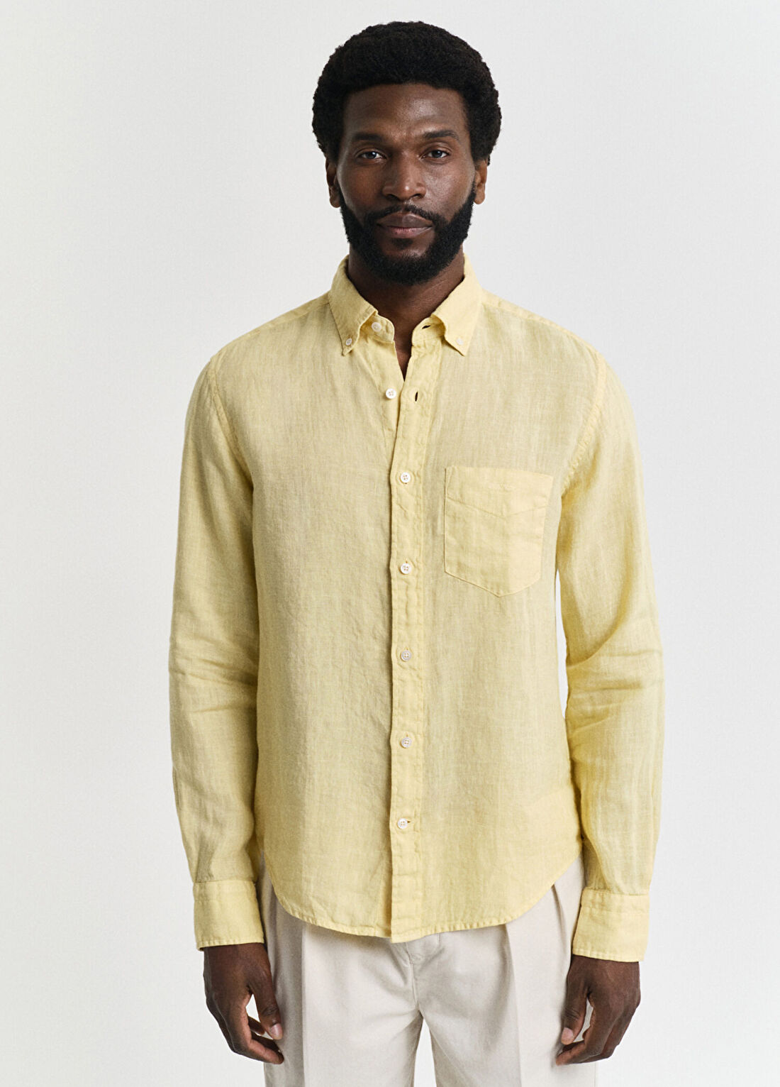 Gant Sarı Regular Fit Düğmeli Yaka Keten Erkek Gömlek