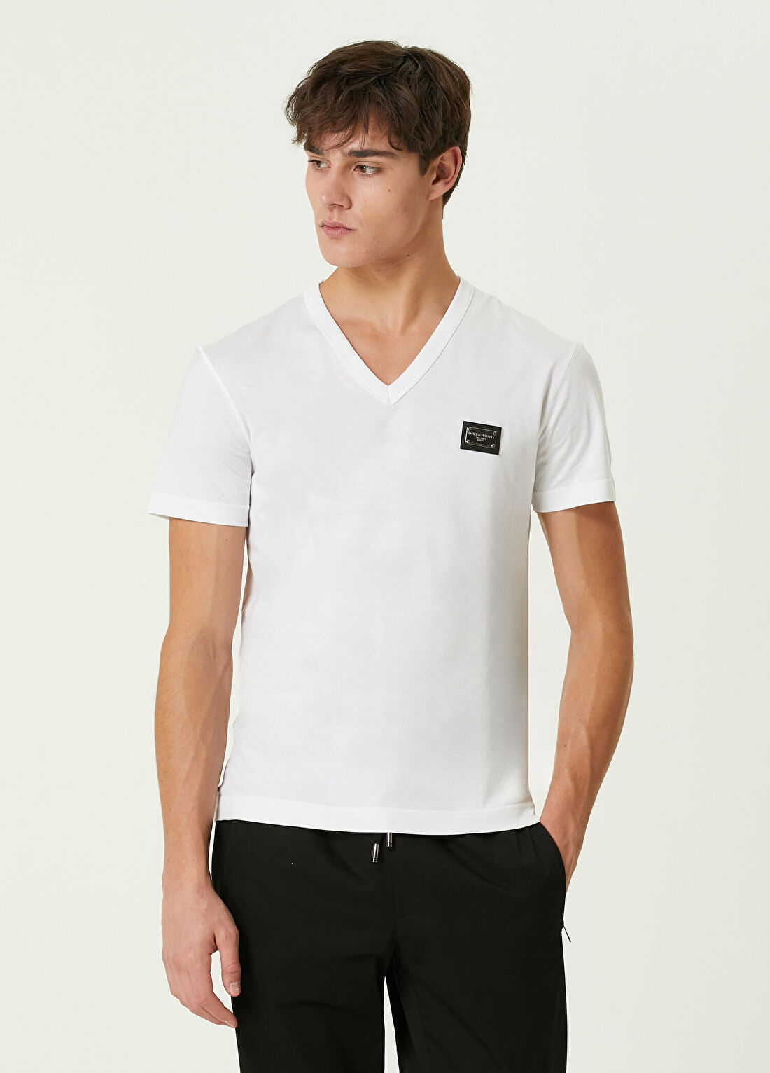 Dolce&Gabbana Beyaz V Yaka Logo Detaylı T-shirt