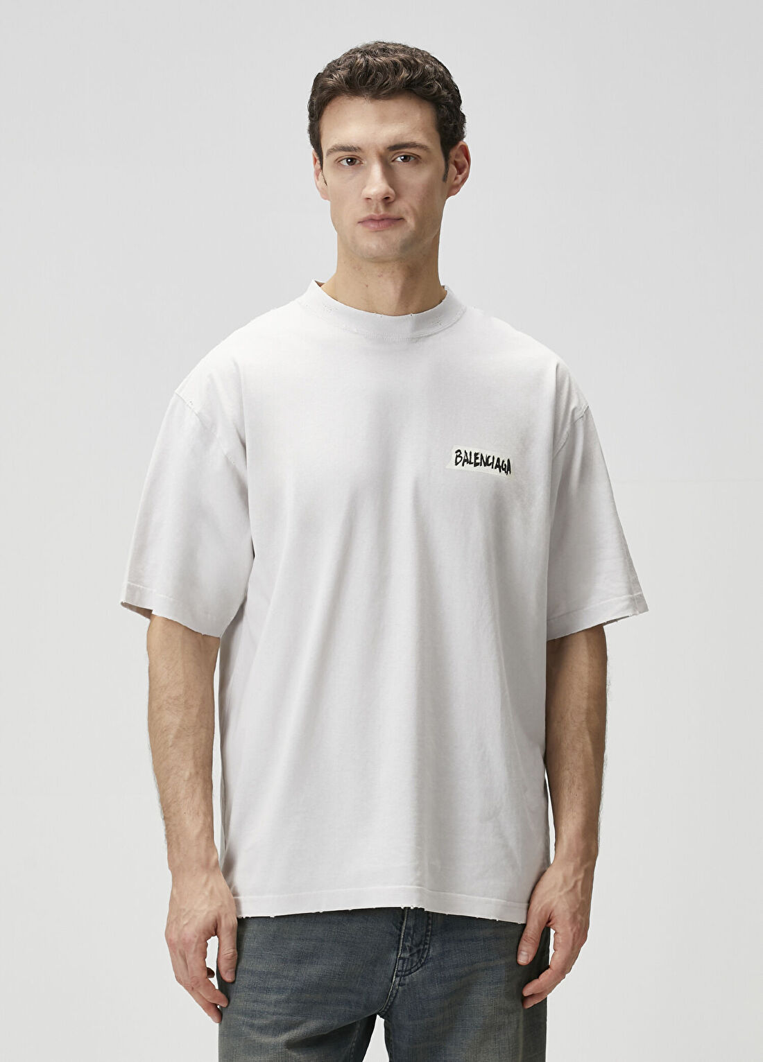 Balenciaga Açık Gri Logo Baskılı T-shirt