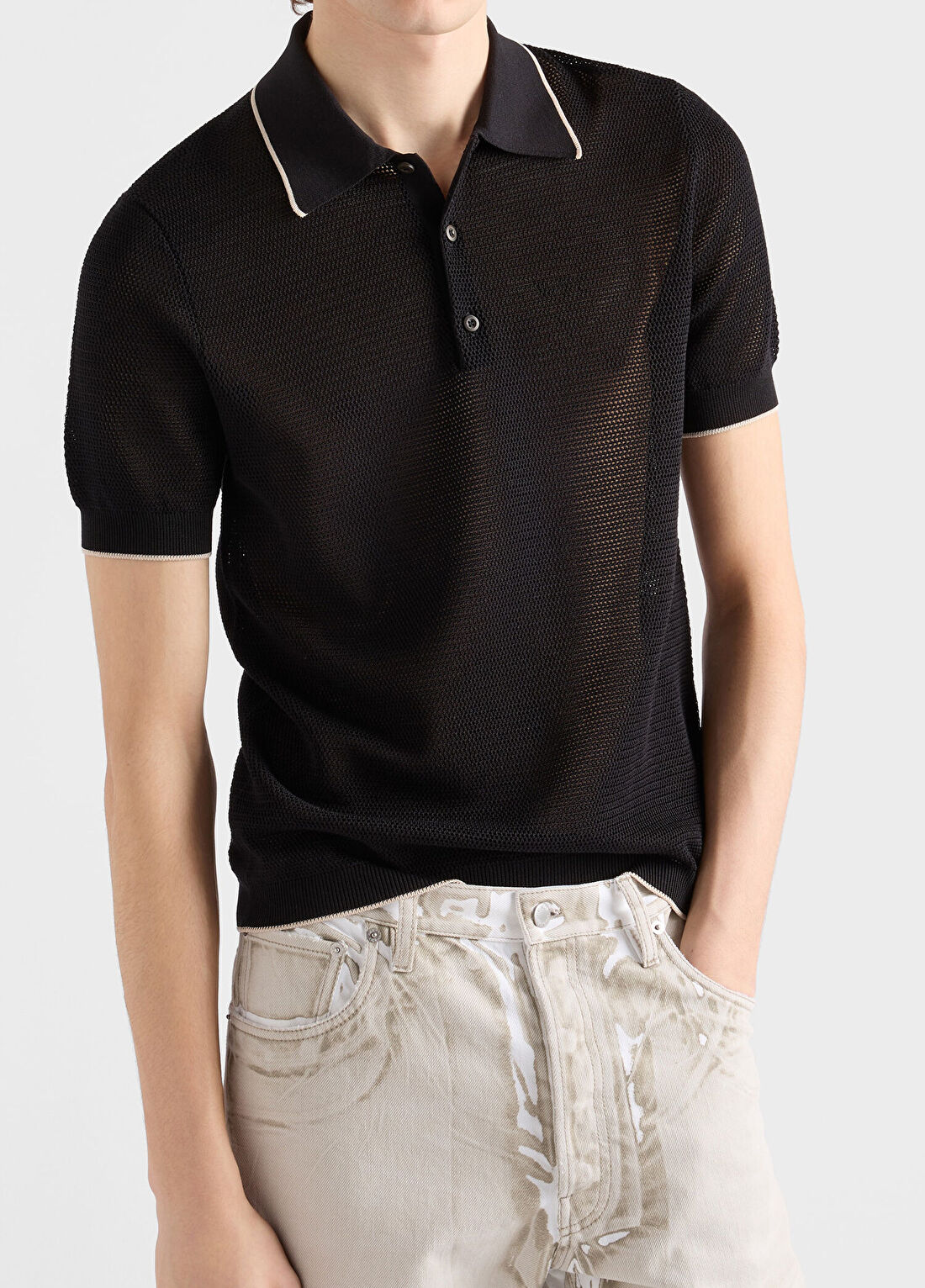 Prada Siyah İpek ve Pamuklu Polo Yaka Kısa Kollu Erkek T-shirt görsel 2