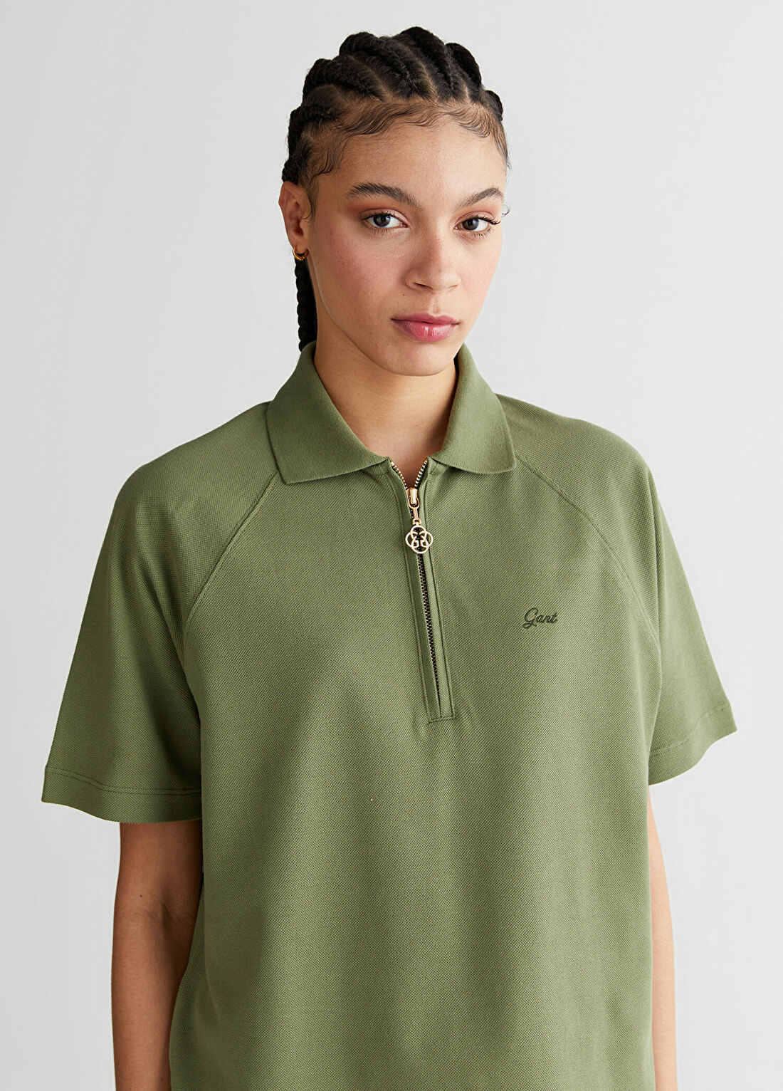 Gant Krem Regular Fit Polo Yaka Yarım Fermuarlı Kısa Kollu Kadın T-Shirt görsel 4