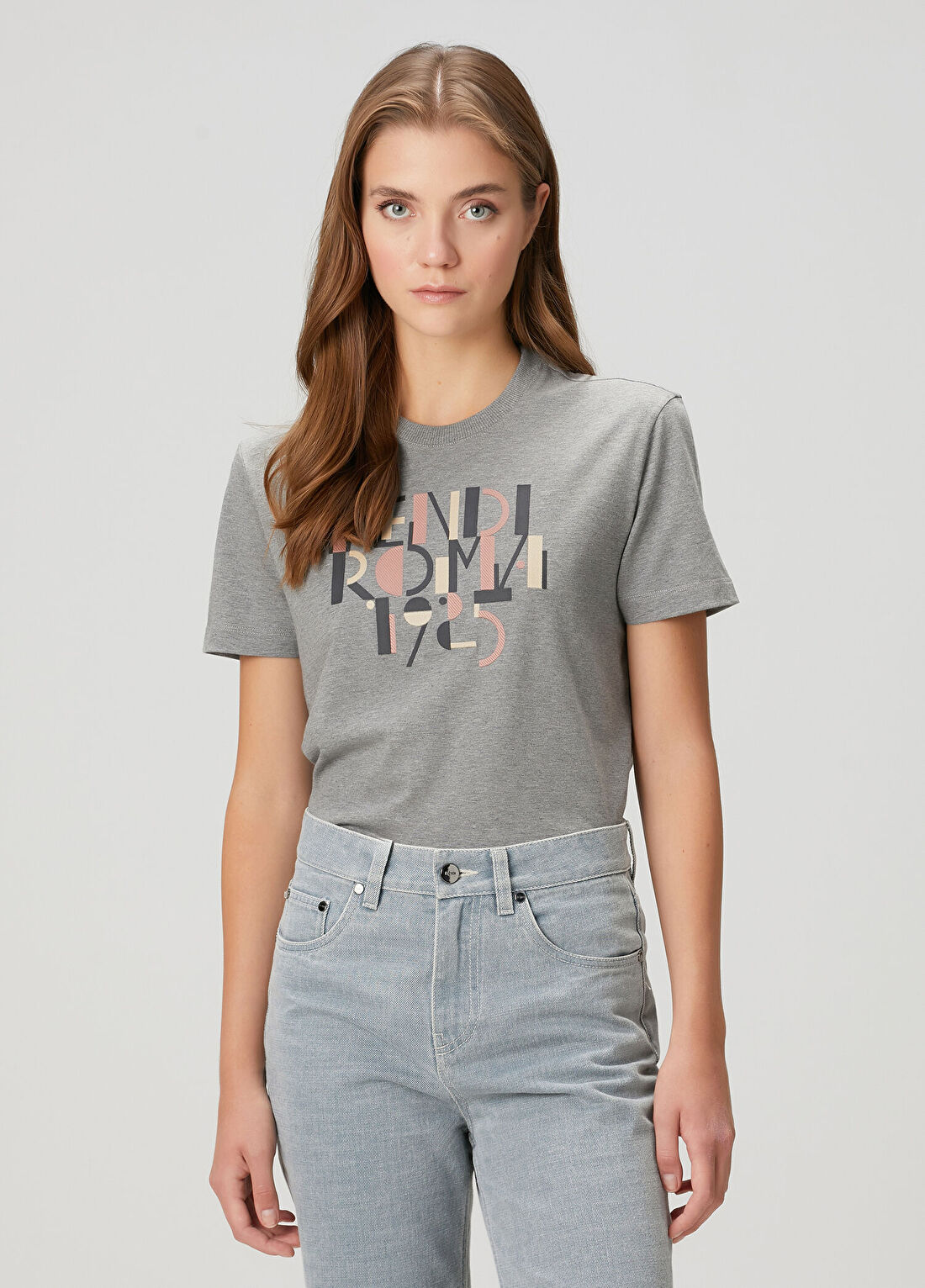 Fendi Regular Fit Gri Logolu T-shirt