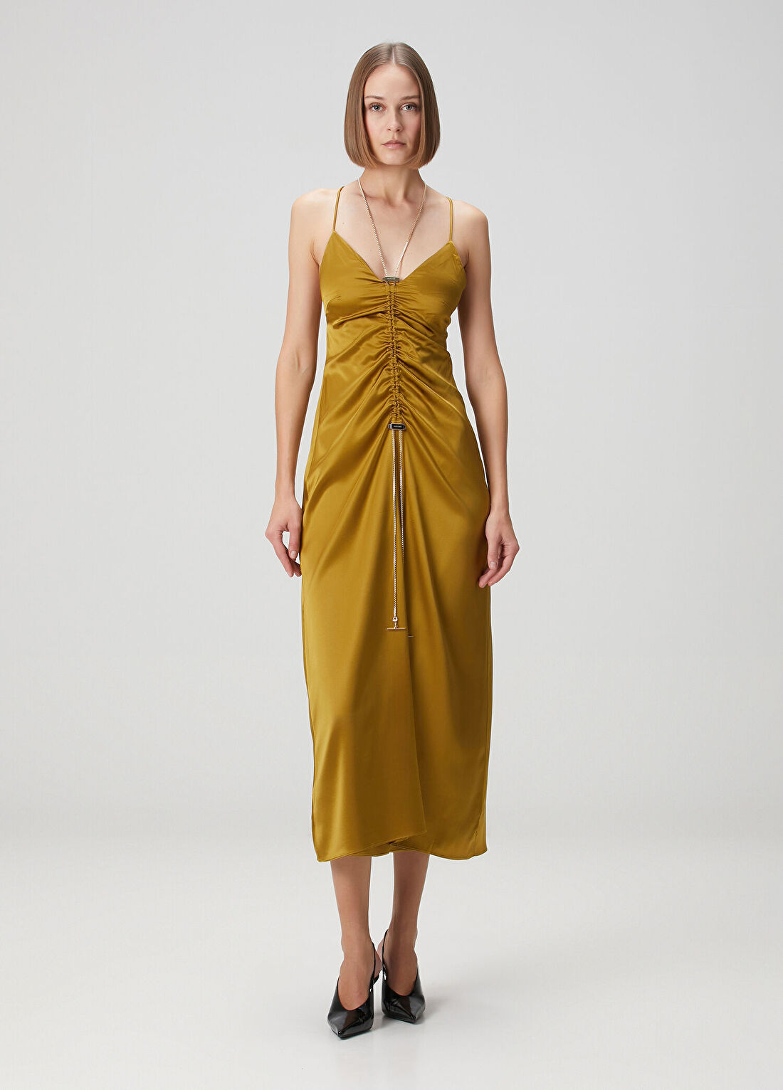 Daname Gold Drape Detaylı İpek Midi Abiye Elbise