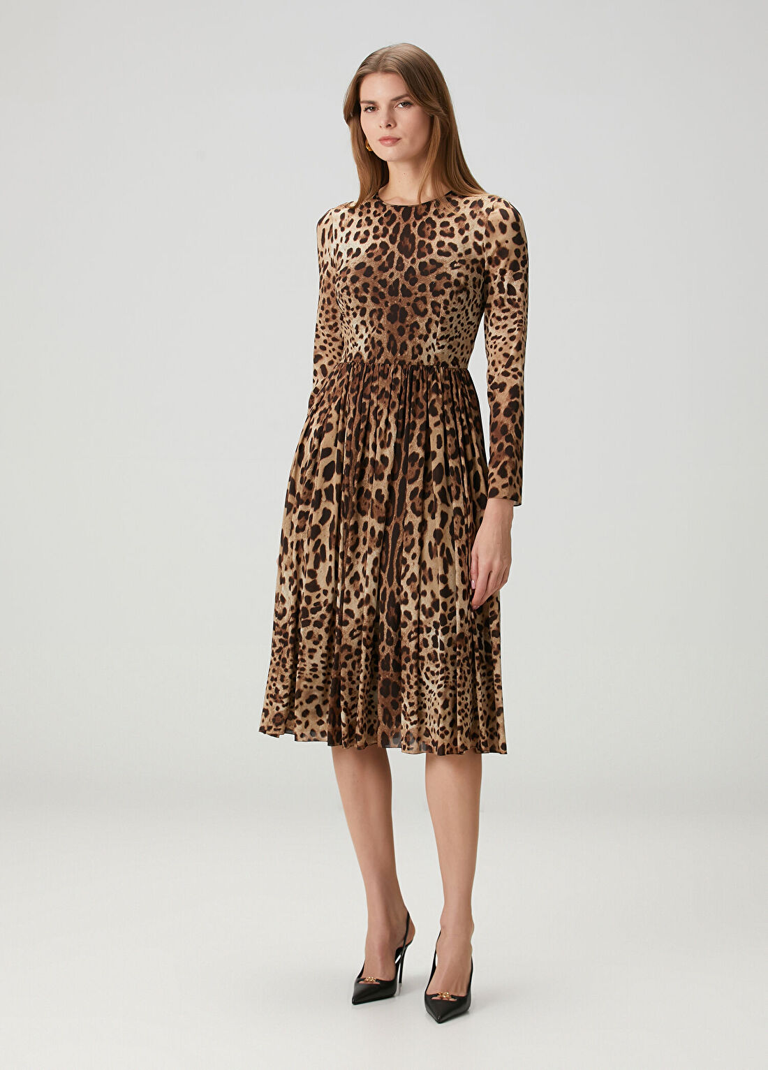 Dolce&Gabbana Leopar Desenli Midi İpek Elbise