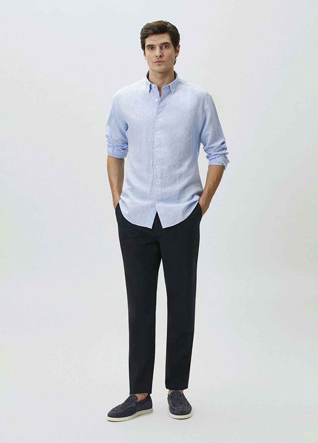 Network Slim Fit Açık Mavi Keten Gömlek görsel 3