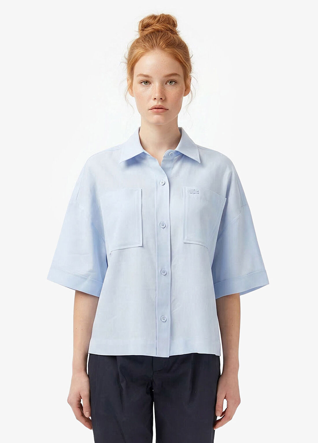 Lacoste Mavi Keten Relaxed Fit Truvakar Kollu Kadın Gömlek