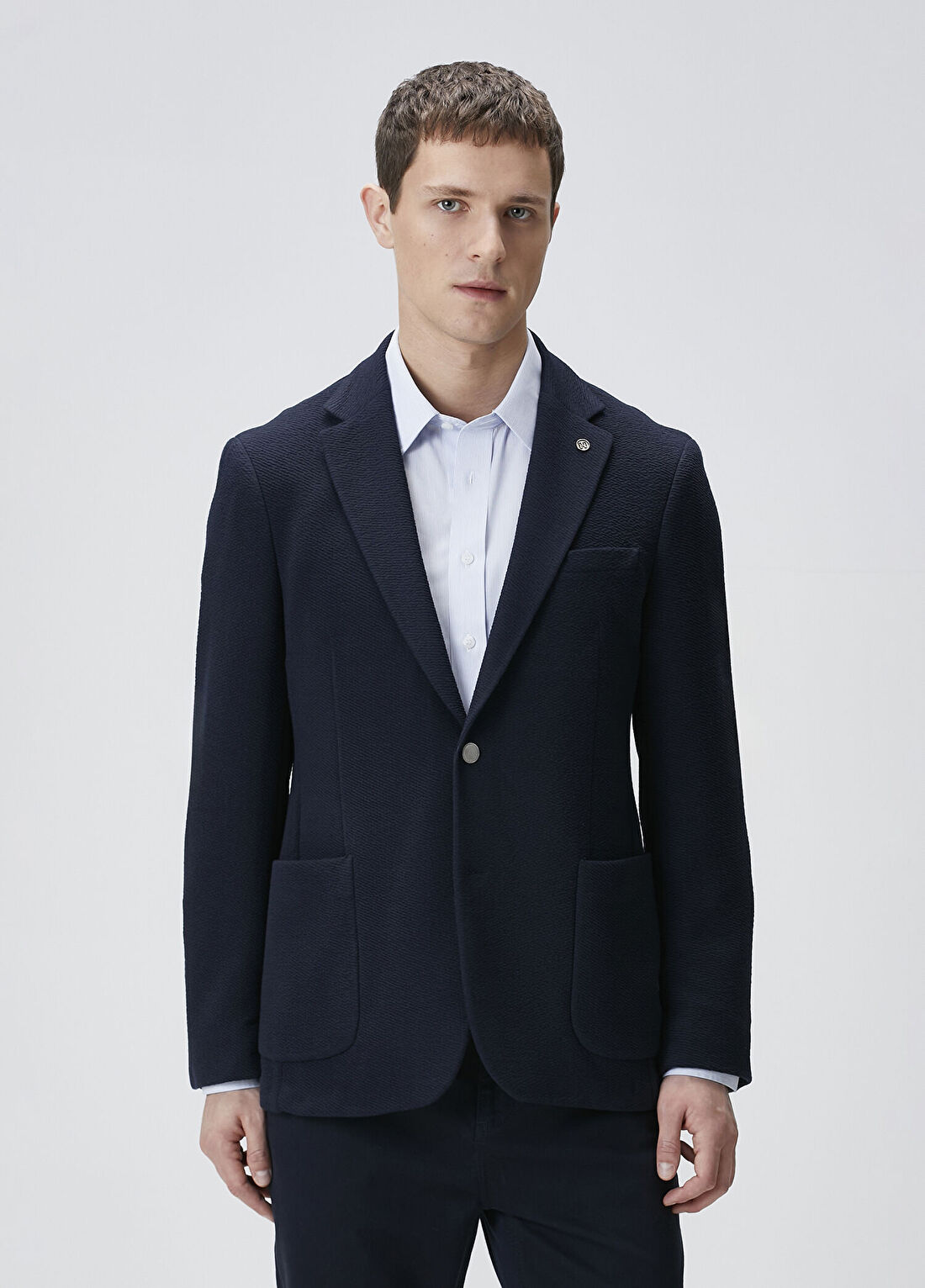 Network Lacivert Slim Fit Gofre Desen Örme Ceket görsel 3